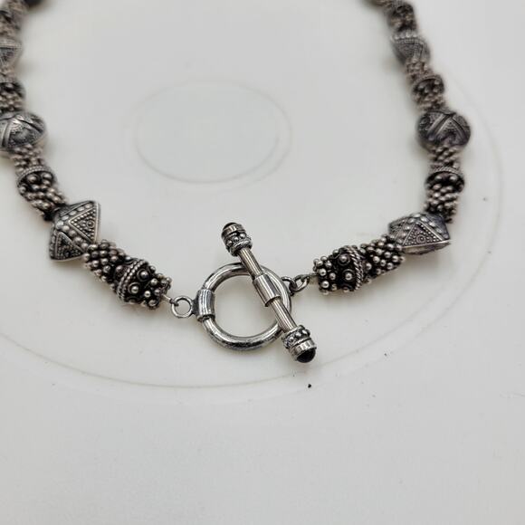 Vintage 925 Granulated Silver Bead Necklace 17" Heavy Gem Stone Toggle‎ Handmade - Picture 10 of 12